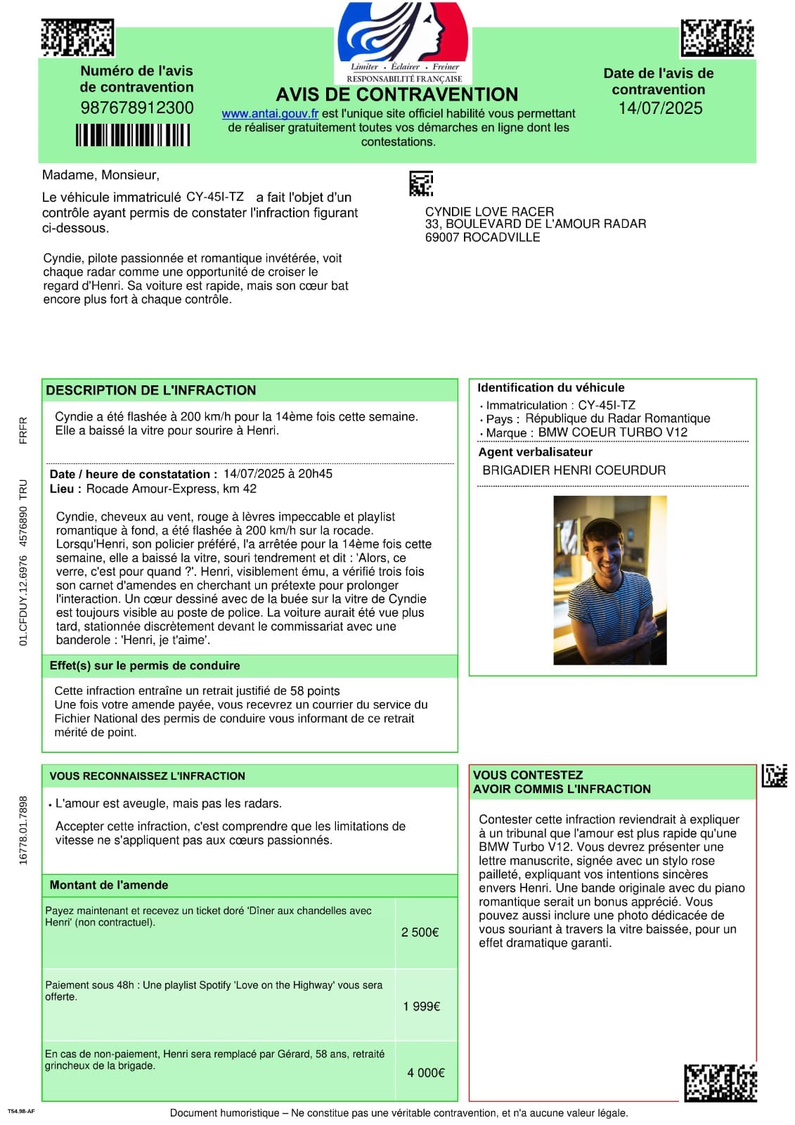 Exemple de fausse contravention humoristique